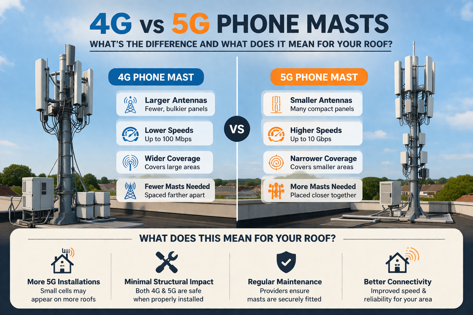 4G vs 5G Phone Masts: What's the Difference and What Does It Mean for Your Roof? 1 4G vs 5G Phone Masts: What's the Difference and What Does It Mean for Your Roof?